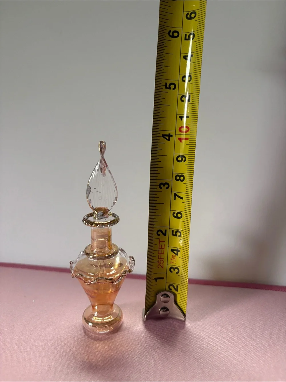 Elegant Egyptian Handblown Amber Glass Bottle with Gold Trim